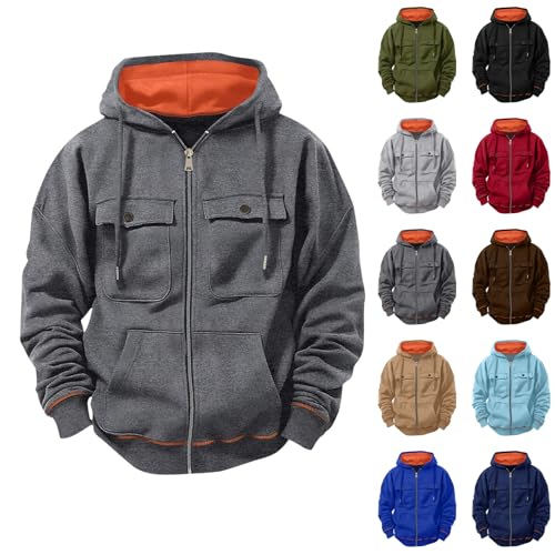 Mens Zip Up Hoodie Fleece Cargo Tactical Long Sleeve Hooded Sweatshirt Fall Casual Athletic Outfits Multi Pockets