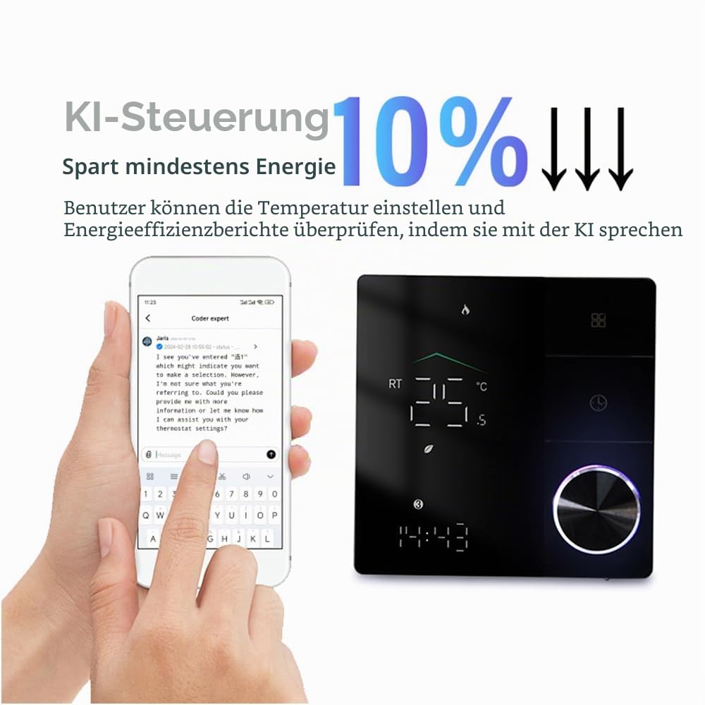 Intelligentes Thermostat für elektrische Heizung, WLAN-Thermostat mit AI Lern-App-Steuerung, digitalem LED-Touchscreen und verstellbarem Knopf, energiesparend