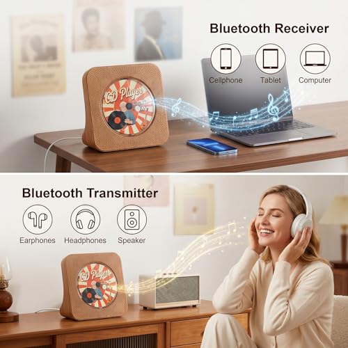 Image of Gueray CD Player Portable Bluetooth Desktop CD Player for Home with Timer Built-in HiFi Speakers with LCD Screen Display Boombox FM Radio USB Type-c (Wood Grain)