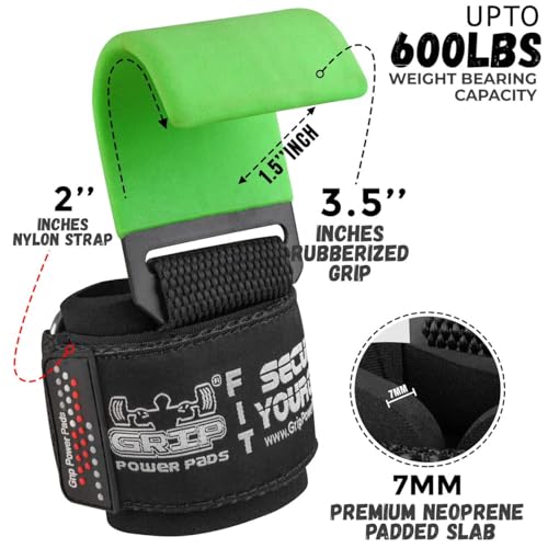 Heavy Duty PRO Metal Lifting Steel Hooks Power Weightlifting Set of 2 Premium Thick Padded Workout Hook Gloves (Women-Wrist Size Small/Medium, Lime) by Grip Power Pads - Used condition - Image 2