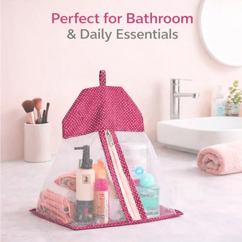 Image of Kuber Industries 2 Pcs Cotton Dot Print Net Storage Hanging Organizer Bag for Undergarment | See Through Hanging Innerwear Organiser For Wardrobe | Pink