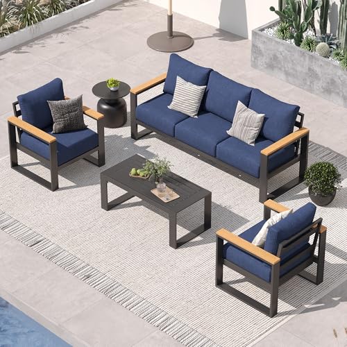 Image of Sundale Outdoor Aluminum Patio Furniture Set, 4 Piece Outdoor Conversation Sets with Coffee Table and Washable Thick Cushions, All Weather Outdoor Sectional Set for Deck, Lawn, Yard (Navy Blue)