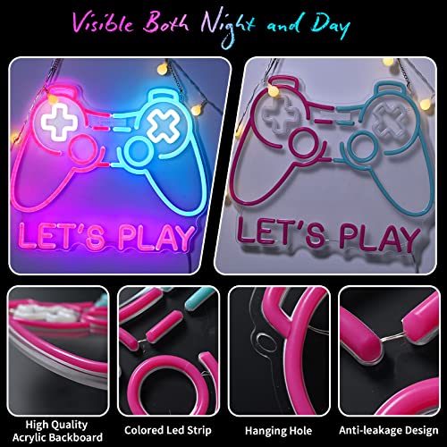 Image of Lingqiang Gaming Neon Sign, Lets Play Game Led Sign for Boys Gamer Room Decor, Video Game Controller Light Game Zone Bedroom Wall Gamepad Shape Kids Teen Gift, Ice Blue Pink - Game Controller