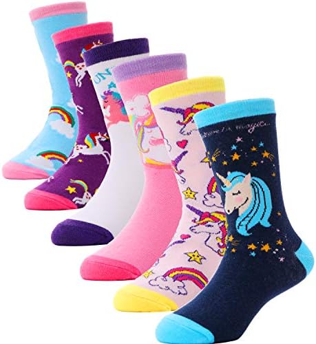 ANTSANG Children Cotton Crew Socks for Girl Boy Kids Toddler Gift Fashion Cute Cartoon Animal Stocking Stuffer Unicorn Socks 6 Pack (Unicorn-I, 5-8 Years Old)