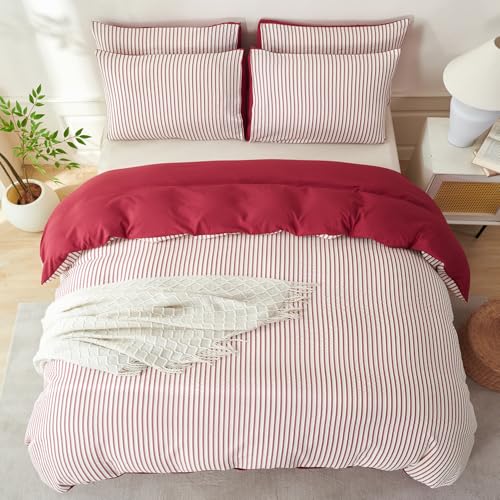 Image of Red Striped Comforter Set Queen - 3 Pieces Bedding Comforter Set for All Season, Soft Lightweight Washed Microfiber, 1 Striped Comforter and 2 Pillowcases (Red, Queen Size)
