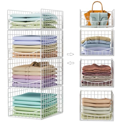 Hongtamoya 4-Tier Stackable Closet Organizers and Storage Shelves, Foldable & Mutifunctional Clothes Storage Basket Sweater Organizer Bins Container for Wardrobe Kitchen Office Bathroom, White