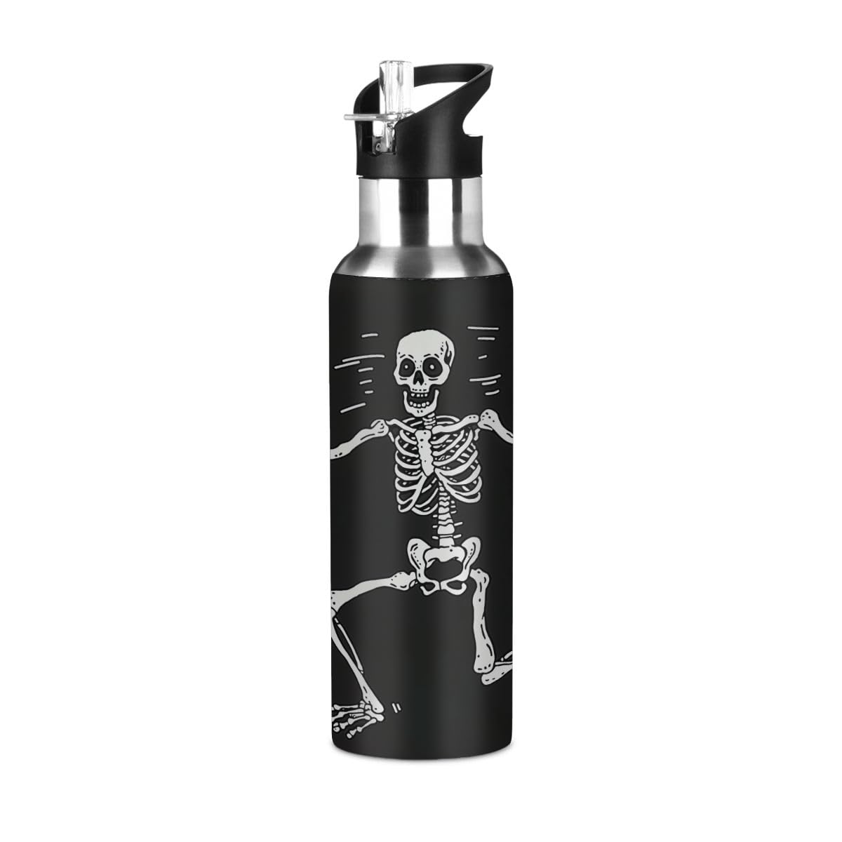 Mexpekil Stainless Steel Water Bottle with Straw, 600ml Insulated Water Bottles Skeleton Man Gym Drinks Bottle