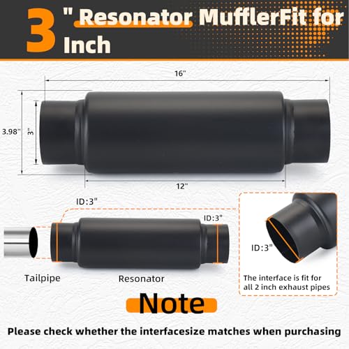 Image of A-KARCK 3 inch Inlet Exhaust Resonator, 3 inch Inlet 3 inch Outlet 16 inch Overall Length Muffler Resonator Stainless Steel,Polished (Black)