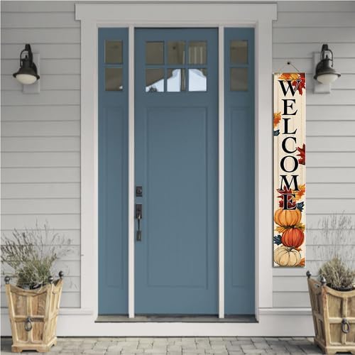 Fall Welcome Sign For Front Porch Pumpkin Thanksgiving Door Decoration Wooden Vertical Standing Board Front Door Porch Seasonal Farmhouse Wood Garden Decor 8x32inch