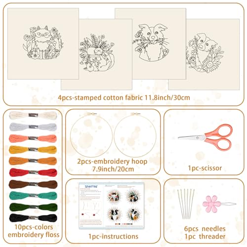 Image of BEUNITONE 4 Set Cat and Dog Embroidery Kit for Beginenrs Hand Sewing Embroidery Kits with Cat and Dog Pattern Needlepoint Kit with Colourful Threads Needles Instructions