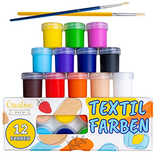 Creative Deco Textilfarbe Stofffarben Set Kinder | 12 Leuchtende Farben | 25 ml Becher | Permanent | Stoffmalfarbe Für Baumwolle, Leinen, Denim und Andere Natürliche Stoffe | 2 Pinsel Enthalten