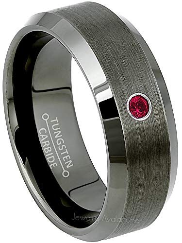 Jewelry Avalanche 0.07ct Ruby Mens Tungsten Ring - July Birthstone Ring - 8MM Beveled Edge Gunmetal (Dark Gray) Mens Tungsten Carbide Wedding Band, Anniversary Ring
