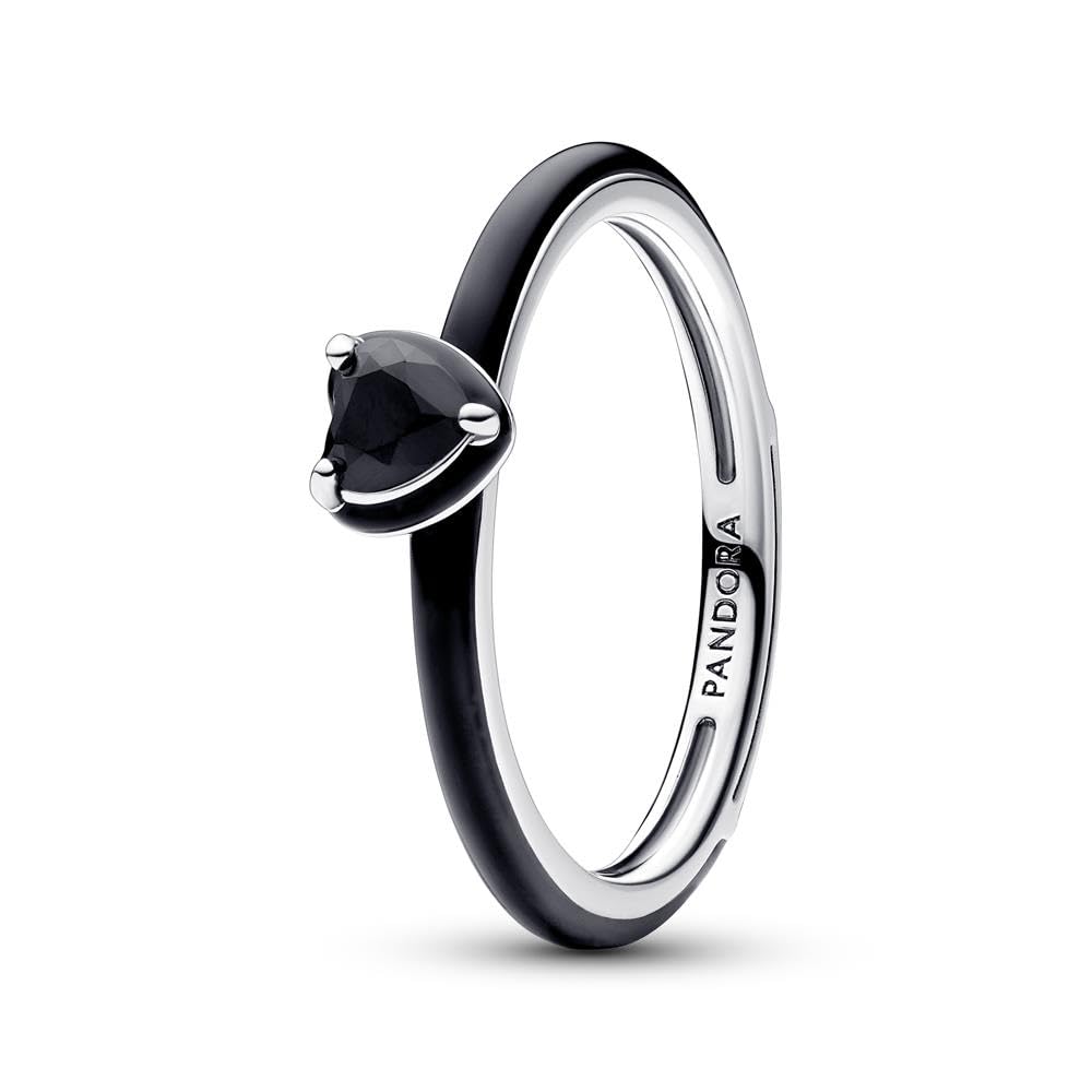 PANDORA ME Anello con cuore in argento 9 con cristallo nero e smalto nero, 60