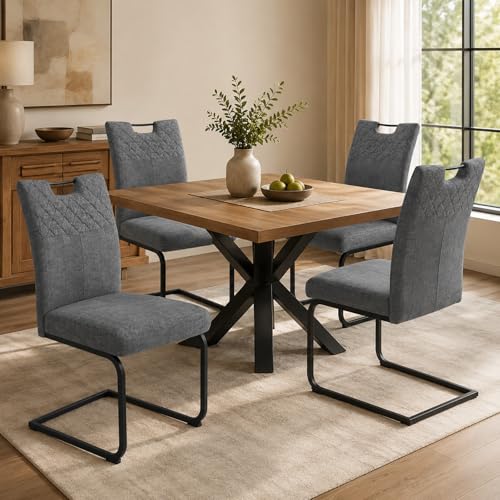 JIEXI Freischwinger Esszimmerstühle 4er Set Schwingstuhl Stuhl Mit Stoffbezug Gesteppter Rückenlehne & Metallgestell Küchenstuhl/Essstuhl Modern Bequem & Stabil (4 Graue Stühle)