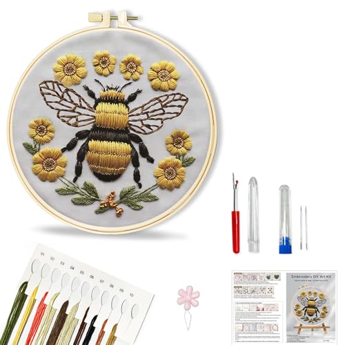 Image of Huacan Embroidery Kit for Beginners Adults Includes Stamped Bee Pattern, Hoop, Color Threads,Tools,Easy to Follow Instruction