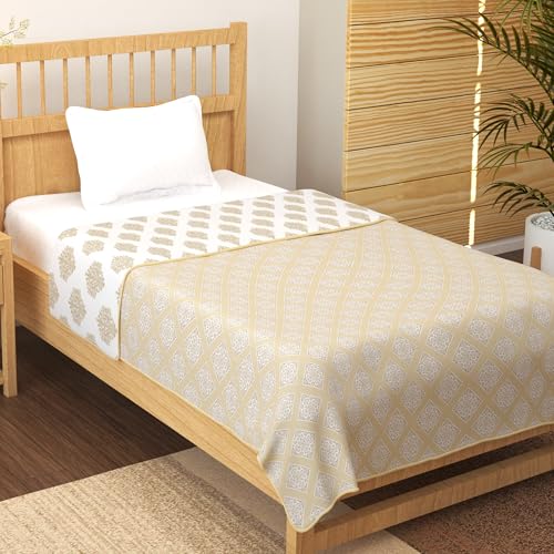 Image of Story@Home Dohar Single Bed Cotton 100% | 150GSM 144 X 220 CM Quilt AC Blanket for Summer | AC Comforter Single Bed | Cream & White, Damask Reversible Design Duvet | All-Season Blanket