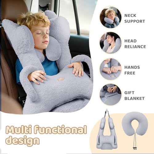 Image of FLORICH Car Sleeping Travel Pillow for Kids, Kids Travel Pillow Removable H-Shaped Pillow for Adults and Children to Support Head and Body Road Trips with Neck Pillow and Blanket (Grey)