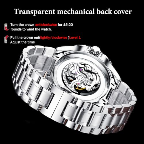 Image of Skeleton Automatic Mechanical Watch Mens Business Luxury Gift Steel Band | Stainless Steel Waterproof Male Golden Wristwatch Luminous Markers & Hands Hardlex Mirror Butterfly Double Button
