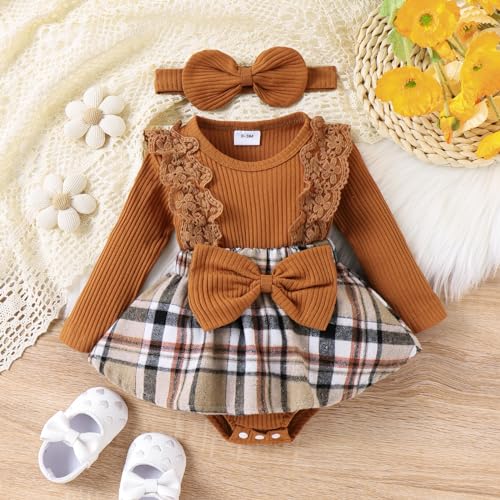 Baby Girl Clothes Fall Winter Outfit Plaid Romper Long Sleeve Dress Lace Ruffles Bodysuit with Bow Headband2