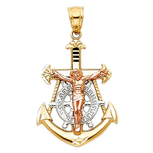 14K Tri-color Gold Religious Mariner Cross Pendant, Yellow Anchor, White Ships Wheel, Rose Gold Jesus Crucifix (20 X 30mm)