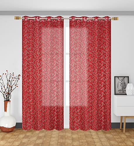 Image of Aroma Brand Tissue Transparent Fancy Sheer Polyester Curtains for Door- Pack of 1 (Window- 5 Feet, Red - Leafs)