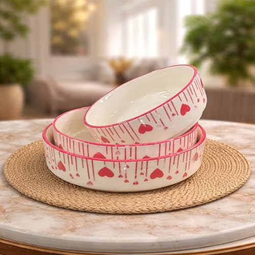 Image of Niyara Stoneware Handmade Ceramic Stylish Premium Serving Bowls /Salad Tray Microwave Dishwasher Safe (Heart Print Bowl Set of 3)