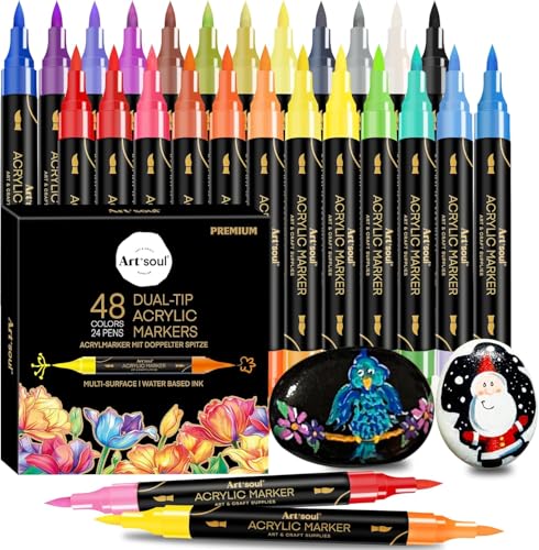Art+soul Acrylic Paint Pens 48 Colors Permanent Acrylic Paint Markers with Brush Tip and Fine Tip for Rock Painting Glass Paper Wood Ceramic Fabric leather Egg Canvas DIY Crafts