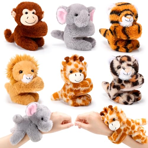 Gemscream 6 Pack Stuffed Animal Slap Bracelets for Kids, 8 Inch Plush Animal Wrist Cute Snap Bracelets in Bulk Easter Graduation Birthday Gifts for Boys and Girls Party Favors(Wild Animals)