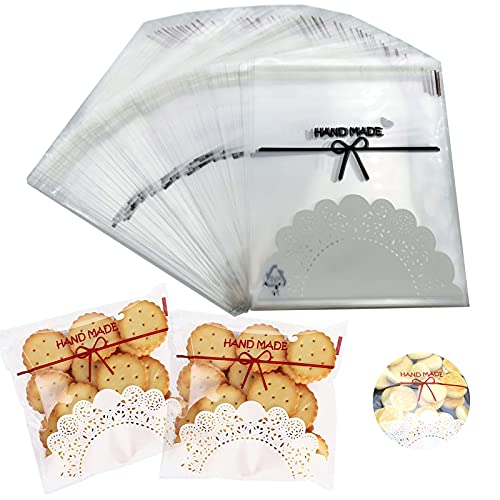 200PCS Self-Adhesive Lovely Lace Bowknot Clear Treat Bags - 4x4 Inch DIY Plastic Individual Candy & Cookie Bags