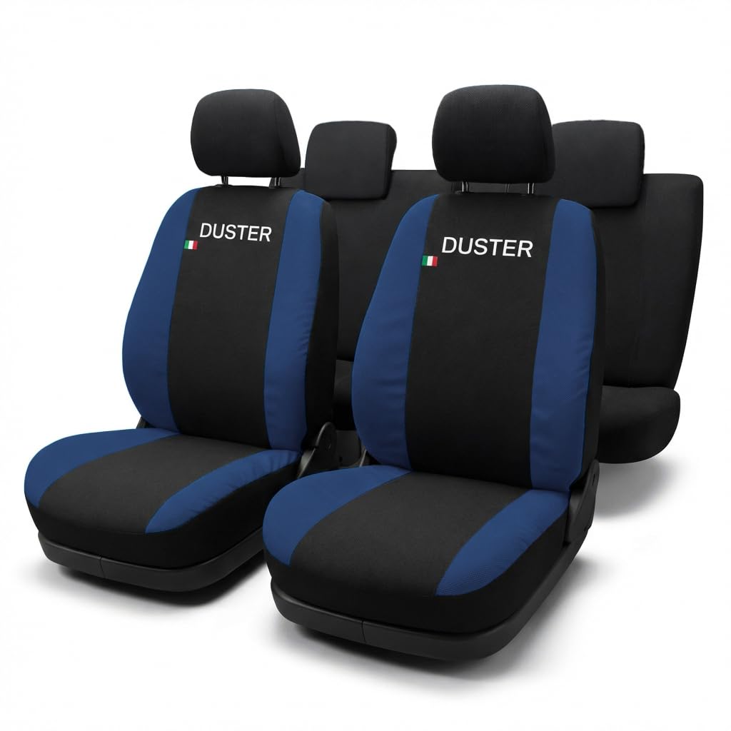 Rebeca Shop - Housses de siège pour siège Auto, compatibles Housses de siège Auto pour Duster |Noir/Bleu foncé | Made in Italy | Housses pour sièges Avant et arrière | Compatibles airbags
