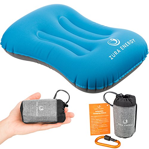 Zura Energy Ultralight Inflatable Travel Camping Pillow + Locking Carabiner + eBook, Comfortable, Compact, Ergonomic, Compressible, Beach, Hiking Gear, Neck Hammock Support While Camp Backpacking