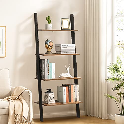 IWELL Ladder Shelf, 4-Tier Leaning Shelf, Leaning Bookshelf for Living Room, Kitchen, Office, Leaning Against The Wall Storage Rack Shelves, Wall Ladder, Plant Ladder, Rustic Brown IWELL Ladder Shelf, 4-Tier Leaning Shelf, Leaning Bookshelf for Living Room, Kitchen, Office, Leaning Against The Wall Storage Rack Shelves, Wall Ladder, Plant Ladder, Rustic Brown