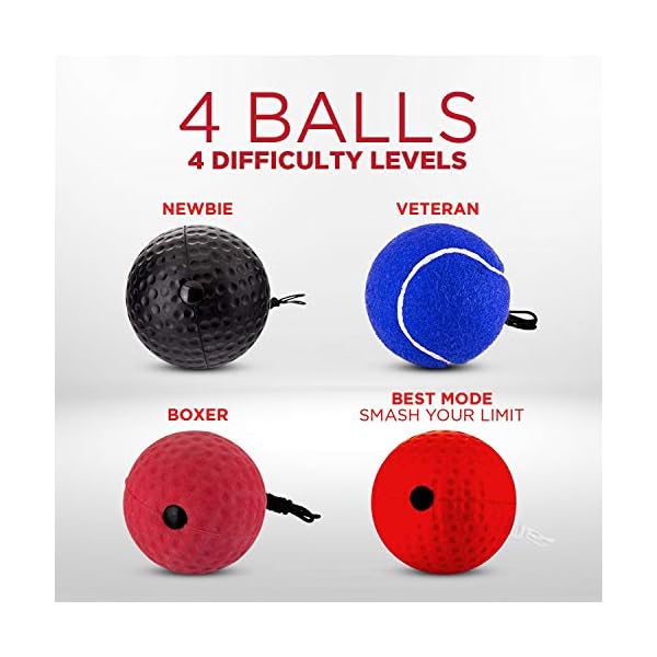 CHAMPS-MMA-Boxing-Reflex-Ball-Improve-Reaction-Speed-and-Hand-Eye-Coordination-Training-Boxing-Equipment-for-Training-at-Home-Boxing-Gear-for-MMA-Equipment-Punching-Ball-Reflex-Bag Boxing Reflex Balls Set of 4 – Boxing Ball MMA Gear of with Varying Weights with Adjustable Headband and 4 Spare Strings to Improve Speed and Hand-Eye Coordination for Men, Kids Boxing Equipment