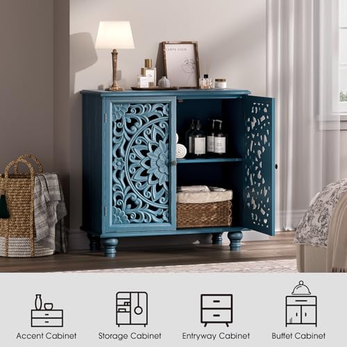 Image of Accent Cabinet with Doors, Decorative Storage Cabinet with Adjustable Shelf, Carved Sideboard Buffet with Solid Wood Legs for Living Room, Entryway, Kitchen, Hallway, Blue