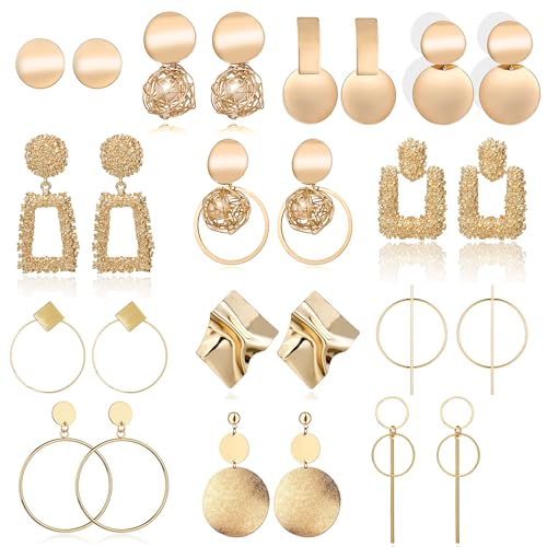 13 Pairs Statement Drop Dangle Earrings, Gold Stud Earrings for Women & Fashion Big Geometric Earrings, Hanging Earring Set Jewelry Gifts