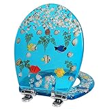 Resin Toilet Seat Round Soft Close Quick Release 3D Effects Heavy Duty Toilet Seats with Blue Fish Seashells Cover Acrylic Seats Ocean Series 17 Inch