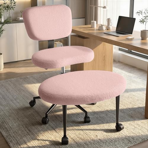 Image of VITESSE Cross-Legged Ergonomic Chair 360 Swivel with Wheels, Adjustable Meditation Seat for ADHD, Lumbar Support, Teddy Fabric Home Office Chair,Pink