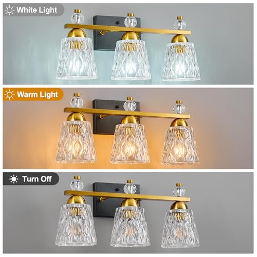 Image of 3 Light Bathroom Vanity Light, Black Gold Bathroom Light Fixtures with Textured Glass Shades Modern Vanity Lighting Wall Mount Over Mirror