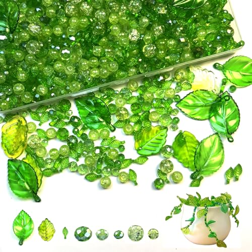 1000pcs Green Glass Beads for Jewelry Making Round Crackle Facted Leaf Crystal Beads for Plant DIY Bracelet Necklace Earring Craft Kit with Organizer Box Acrylic Leaf