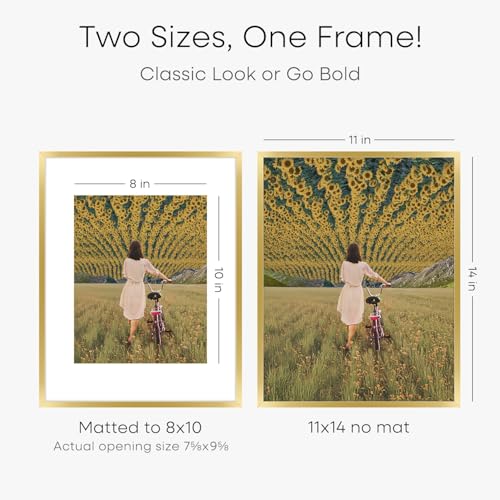 Image of Homeforia 11x14 Picture Frame Gold, High End Metal 11x14 Poster Frames with Mat for 8x10, 11 x 14 Gold Frame Matted to 8 x 10 inch Photo, 11by14 Thin Hanging Frames, Tempered Glass, Wall Kit, Set of 4