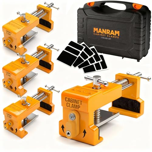 Premium Cabinet Clamps 4 Pack with Protective Case, Solid Cast Steel Construction, Integrated Drill Guide with EVA Pads, Face Frame Alignment Tool Clamp for Cabinet Installation & Woodworking