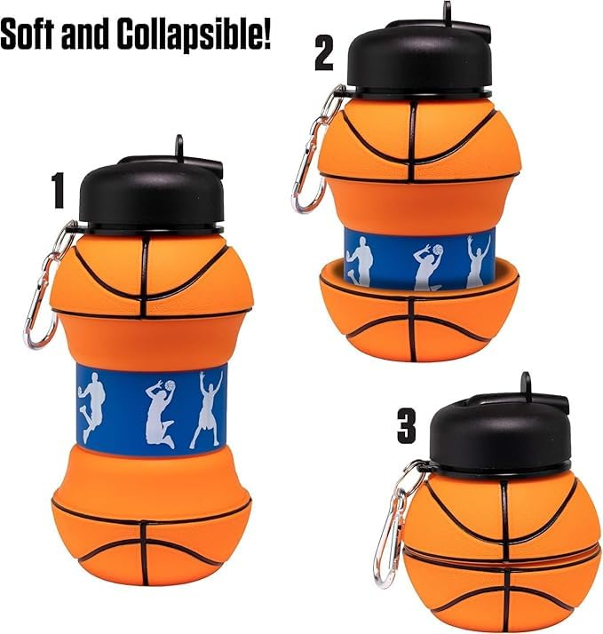 Image of Silicone Expandable & Foldable Basketball Water Bottle | 500ML Soft Collapsible Sports Bottle for Boys & Girls | Leak-Proof, Portable & BPA-Free | Basketball Theme (Multicolor)