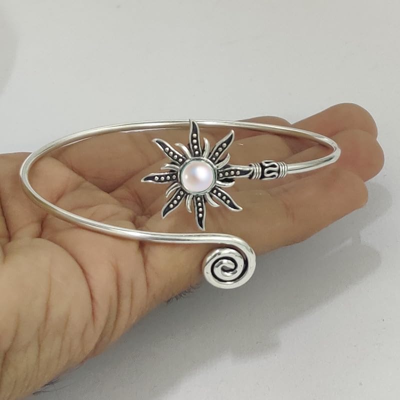 Silver Sunburst Arm Cuff, Pearl Stone Boho Upper Arm Bracelet, Spiral Arm Cuff, Gemstone Armlet, Sun Bohemian Jewelry Gift