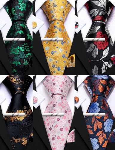 Image of Barry.Wang 6 PCS Men Ties Set Silk Business Fashion Woven Necktie Handkerchief Cufflinks Paisley Stripe Wedding Party