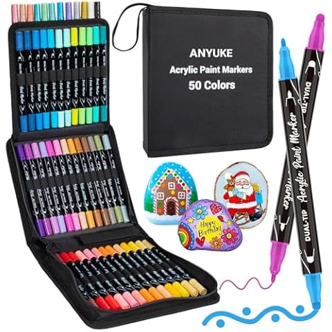 ANYUKE 50 Colors Acrylic Paint Pens Markers, Dual Tip Acrylic Paint Markers for Wood,Rock Painting, Canvas, Stone, Glass, Acrylic Dot Markers Pen For DIY Crafts Making Art Supplies Cover