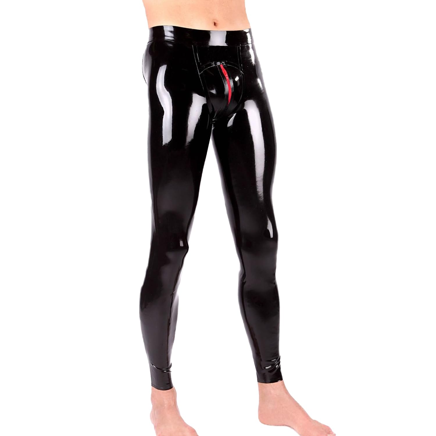 IOKUKI Leggings en Latex pour Hommes,Pantalons en Latex Noirs avec Fermeture éclair Rouge à l'entrejambe