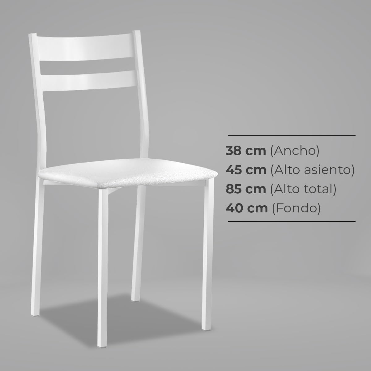 Astimesa - Silla de Comedor o Cocina - Silla de Metal Blanca con Respaldo - Asiento Polipiel en Color Blanco - 38 cm (Ancho) x 45 cm (Alto Asiento) x 85 cm (Alto Total) x 40 cm (Fondo)