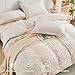HYMOKEGE Beige Duvet Cover Queen Size, Ultra Soft 3-Piece Seersucker Duvet Cover Set with Zipper Closure, Soft Brushed Microfiber Bedding Set with 8 Corner Ties (90