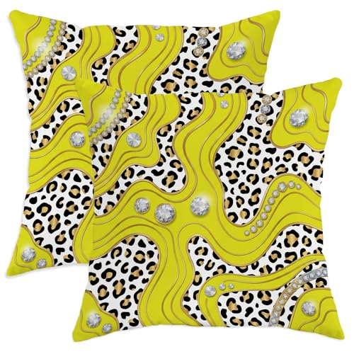 Leopard Throw Pillow Covers Set of 2, Bold Modern Yellow Wavy Lines Summer Yellow with Hidden Zipper Pattern Pillow Covers for Living Room Bedroom Loft Office Car Decor 14x14 Inch