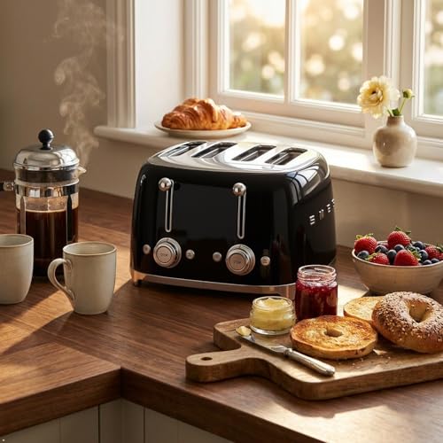 Image of SMEG 4 Slice Toaster TSF03, Retro Stainless Steel Toaster with Wide Slots for Bagels, 6 Browning Levels, Defrost Reheat Bagel Functions, Dual Controls, Crumb Trays, 1800W - Black - TSF03BLUS